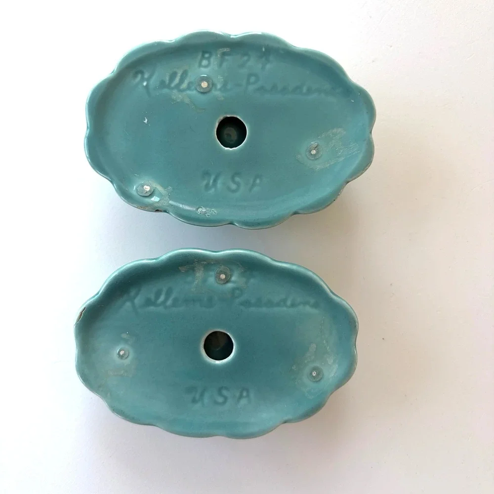 Vintage Kellems Pasadena Turquoise Blue Scalloped Ceramic Candle Holders Pair